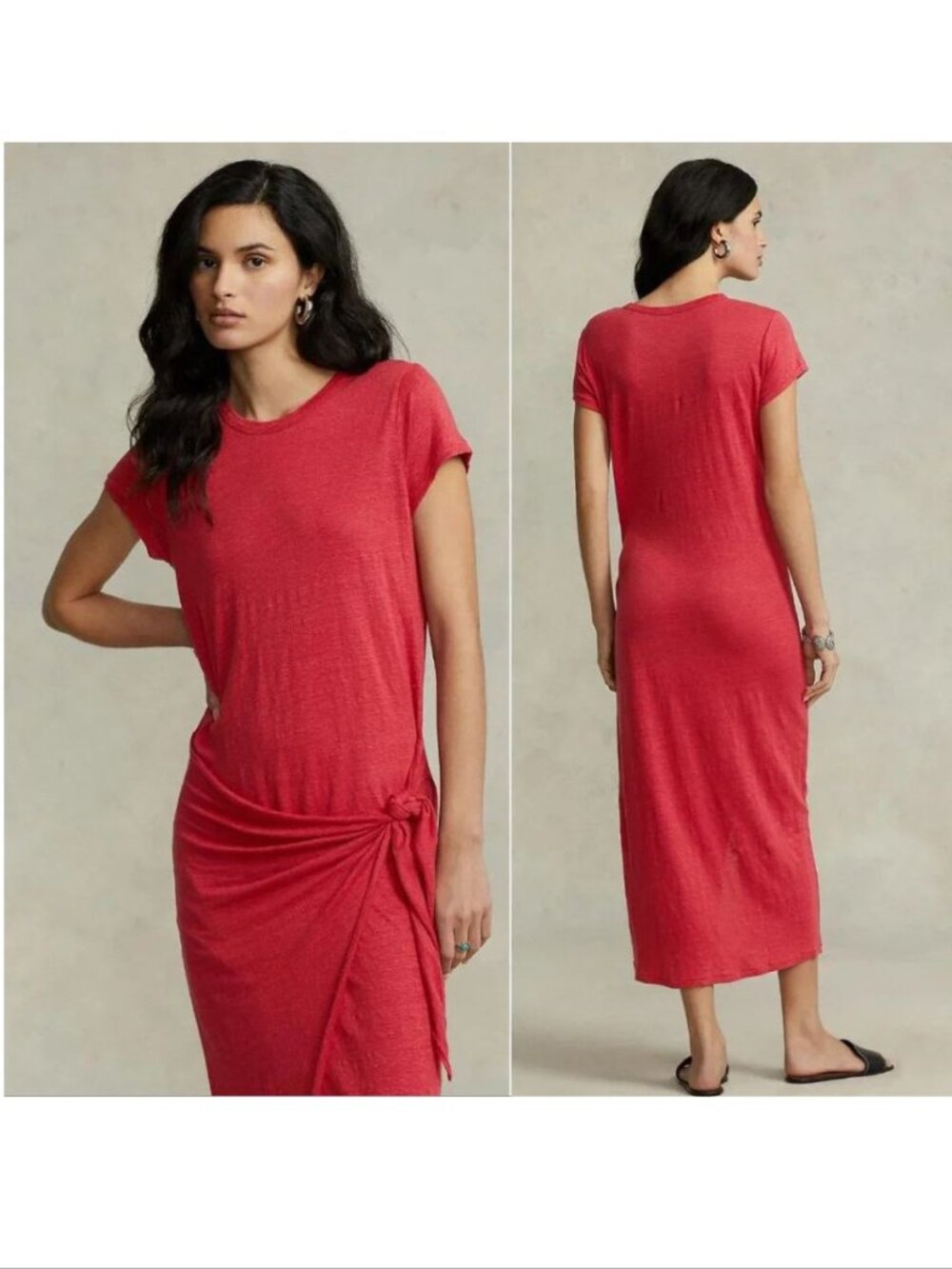 POLO Ralph Lauren Maxi T-shirt DRESS Size S Red LINEN Knot Detail Gathered NEW